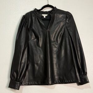 Crown & Ivy Black Vegan Leather Blouse. Long sleeved w/ruffled collar. Sz L.